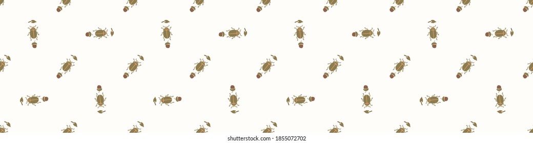 Seamless background beetle insect gender neutral baby border pattern. Simple whimsical minimal earthy 2 tone color. Kids nursery wildlife bug edging fashion trim.