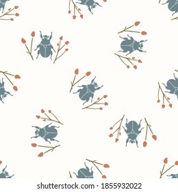 Seamless background beetle insect gender neutral pattern. Whimsical minimal earthy 2 tone color. kids nursery wallpaper or boho cartoon bug fashion all over print.