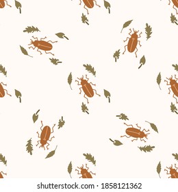 Seamless background beetle insect gender neutral pattern. Whimsical minimal earthy 2 tone color. kids nursery wallpaper or boho cartoon bug fashion all over print.