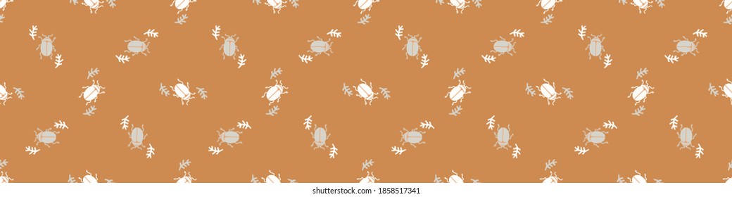 Seamless background beetle insect gender neutral baby border pattern. Simple whimsical minimal earthy 2 tone color. Kids nursery wildlife bug edging fashion trim.