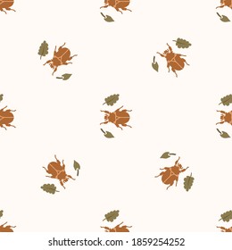 Seamless background beetle insect gender neutral pattern. Whimsical minimal earthy 2 tone color. kids nursery wallpaper or boho cartoon bug fashion all over print.