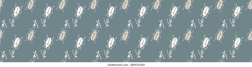Seamless background beetle insect gender neutral baby border pattern. Simple whimsical minimal earthy 2 tone color. Kids nursery wildlife bug edging fashion trim.