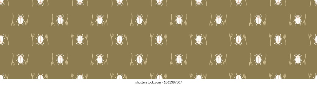 Seamless background beetle insect gender neutral baby border pattern. Simple whimsical minimal earthy 2 tone color. Kids nursery wildlife bug edging fashion trim.