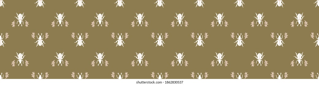 Seamless background beetle insect gender neutral baby border pattern. Simple whimsical minimal earthy 2 tone color. Kids nursery wildlife bug edging fashion trim.