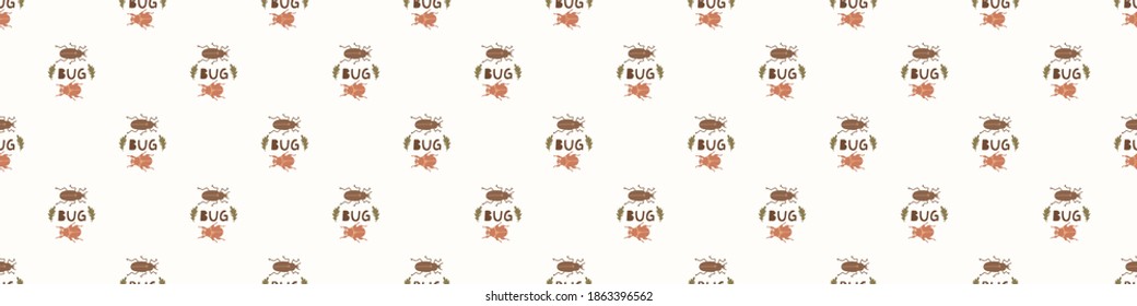 Seamless background beetle insect gender neutral baby border pattern. Simple whimsical minimal earthy 2 tone color. Kids nursery wildlife bug edging fashion trim.