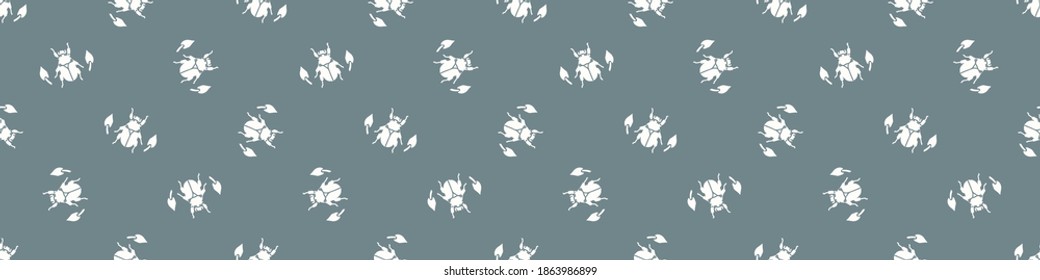Seamless background beetle insect gender neutral baby border pattern. Simple whimsical minimal earthy 2 tone color. Kids nursery wildlife bug edging fashion trim.