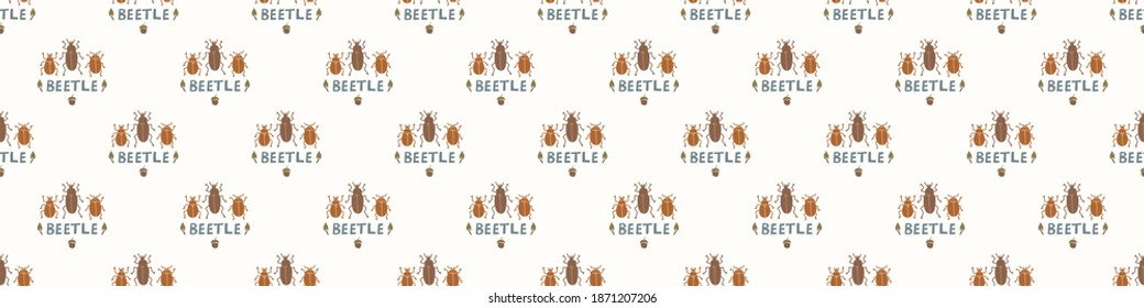 Seamless background beetle insect gender neutral baby border pattern. Simple whimsical minimal earthy 2 tone color. Kids nursery wildlife bug edging fashion trim.