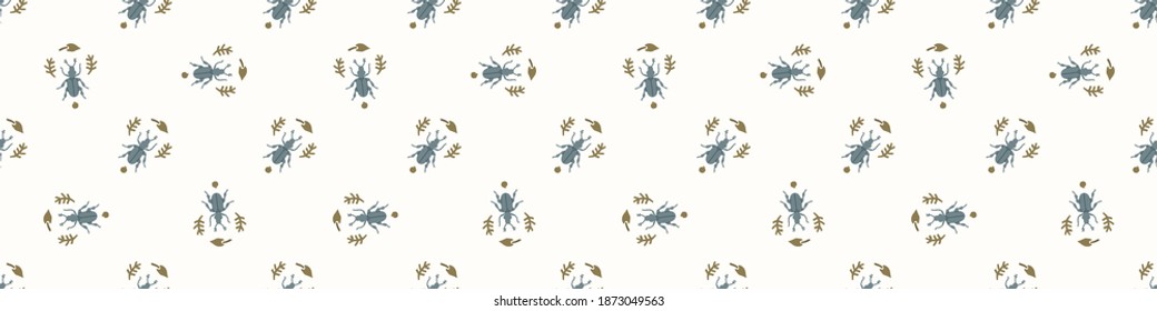 Seamless background beetle insect gender neutral baby border pattern. Simple whimsical minimal earthy 2 tone color. Kids nursery wildlife bug edging fashion trim.