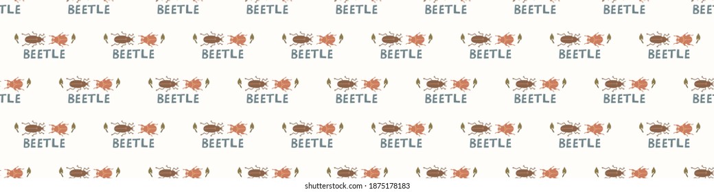 Seamless background beetle insect gender neutral baby border pattern. Simple whimsical minimal earthy 2 tone color. Kids nursery wildlife bug edging fashion trim.
