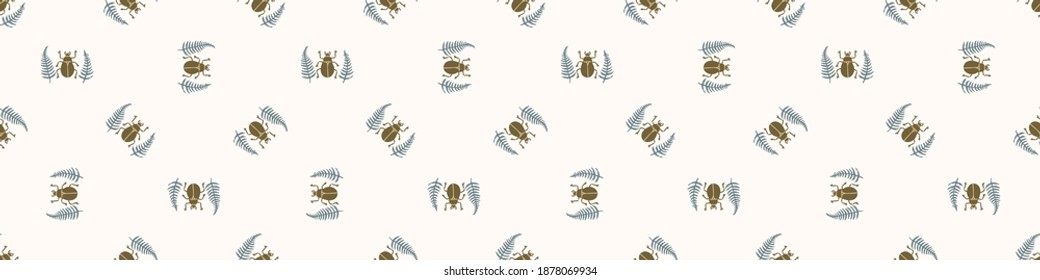 El escarabajo de fondo sin foco insecta un patrón de frontera de bebé neutro de género. Sencillo y caprichoso color de la tierra mínimo de 2 tonos. Guarda infantil de la vida salvaje broche de borde de moda.