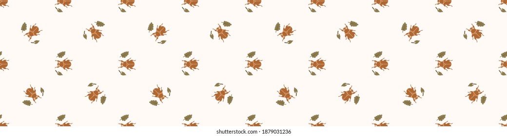 Seamless background beetle insect gender neutral baby border pattern. Simple whimsical minimal earthy 2 tone color. Kids nursery wildlife bug edging fashion trim.