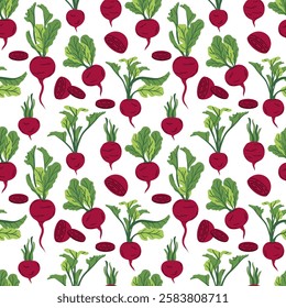 Seamless background of beets. Flat illustration of beetroot background. Beetroot seamless pattern. Beetroot flat background illustration.