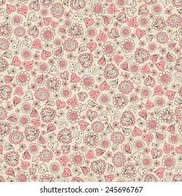 Seamless background of beige and pink of flowers 