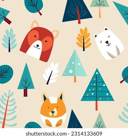 Seamless background of a beige background with a repeating pattern of trees and animals. A pattern with animals and trees on a beige background