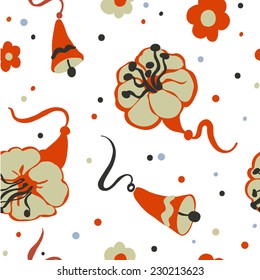 Seamless background with bells and flowers, confetti. Vector illustration.