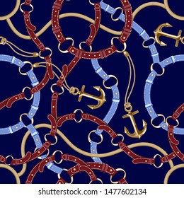 Seamless background with belt, chains, anchors, rope.  Abstract pattern in nautical style. Set of marine ornaments. Idea for material, textile, fabric design. Multicolor blue, red texture.