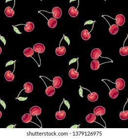 Seamless background with berries and cherry leaves on black background. Ripe cherry berries. For design and decoration of fabric, paper, Wallpaper, packaging.