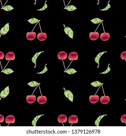Seamless background with berries and cherry leaves on black background. Ripe cherry berries. For design and decoration of fabric, paper, Wallpaper, packaging.