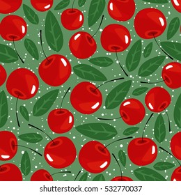 Seamless background with berries and cherry leaves. Pattern.