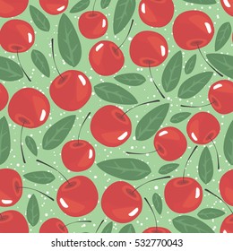 Seamless background with berries and cherry leaves. Pattern.