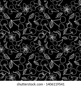 Seamless background of berries, flowers and cherry leaves. Contour white image of a cherry on a black background. For design and decoration of fabric, paper and Wallpaper.
