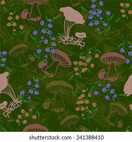 Seamless background with berries and mushrooms.