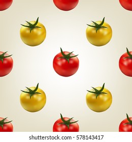 Seamless background with berries, repeating texture with set of photo realistic tomato, vector illustration.