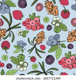 seamless background with berries. sea buckthorn, blueberries, gooseberries, strawberries, strawberries, cranberries, blackberries.