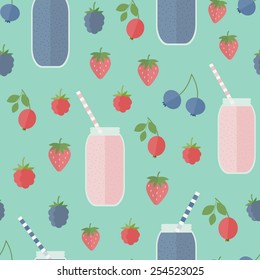 Seamless background with berries and smoothies in flat. Vector illustration
