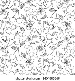Seamless background of berries,flowers and cherry leaves. Uniform filling.Flat style.For fabric, paper, Wallpaper design.Vector file. Contour drawing of cherry on a white background.