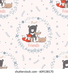 Seamless background of best friends forever. Pattern with doodle cute fox, rabbit, deer, bear, beaver and squirrel in floral frames