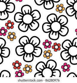 seamless background with big black and white and small colored abstract flowers