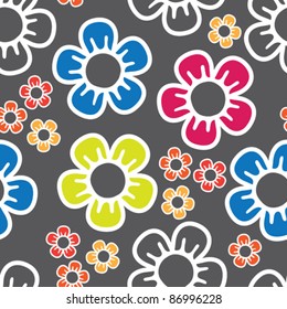 seamless background with big and small colored flowers over dark backdrop