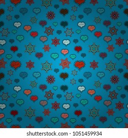 Seamless background of big and small hearts with swirls in blue, red and black colors. Vector illustration.