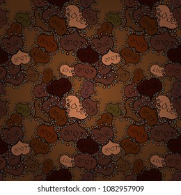 Seamless background of big and small hearts with swirls in brown, black and orange colors. Vector illustration.