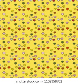 Seamless background of big and small hearts with swirls in yellow, black and neutral colors. Vector illustration.