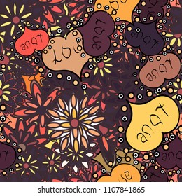 Seamless background of big and small hearts with swirls in brown, black and pink colors. Vector illustration.
