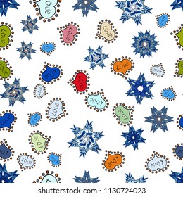 Seamless background of big and small hearts with swirls in white, blue and black colors.
