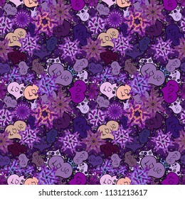 Seamless background of big and small hearts with swirls in violet, purple and neutral colors. Vector illustration.