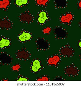 Seamless background of big and small hearts with swirls in yellow, brown and black colors. Vector illustration.