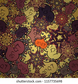 Seamless background of big and small hearts with swirls in yellow, brown and black colors. Vector illustration.