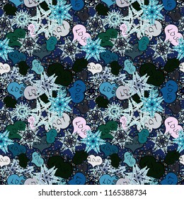 Seamless background of big and small hearts with swirls in blue, gray and black colors. Vector illustration.