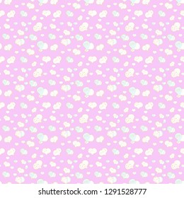 Seamless background of big and small hearts with swirls in neutral, white and beige colors. Vector illustration.