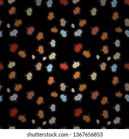 Seamless background of big and small hearts with swirls in blue, orange and black colors. Vector illustration.