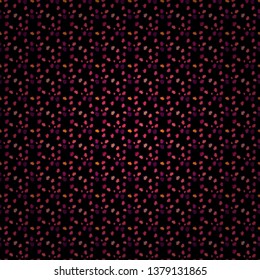 Seamless background of big and small hearts with swirls in black, purple and orange colors. Vector illustration.
