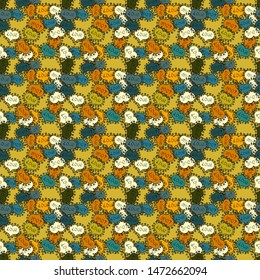 Seamless background of big and small hearts with swirls in blue, yellow and black colors. Vector illustration.