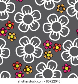 seamless background with big white and small colored abstract flowers on dark backdrop