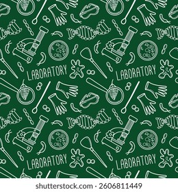 Fundo perfeito com itens de laboratório de biologia, ferramentas e micróbio. Plano de fundo de vetor de ciência da tinta da arte desenhada à mão com giz no quadro-negro