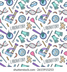 Seamless background with biology laboratory items, tools and microbe. Hand drawn doodle science vector background