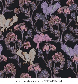 seamless background with bird and flower